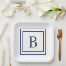Deep Navy And White Square Border Monogram Pappteller