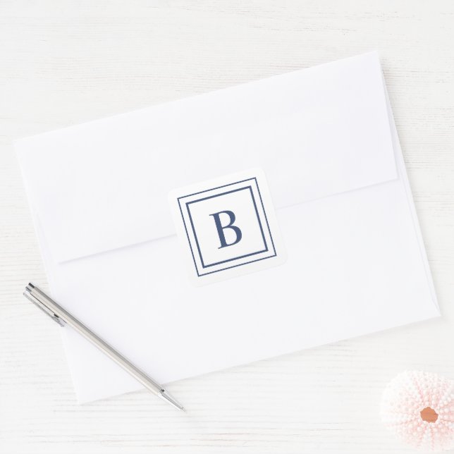 Deep Navy And White Square Border Monogram  Quadratischer Aufkleber (Umschlag)