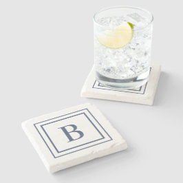 Deep Navy And White Square Border Monogram Steinuntersetzer