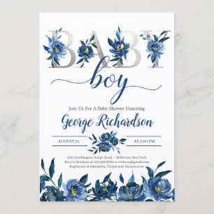 Deep Navy Floral und Silver Letters Baby Boy Boho Einladung