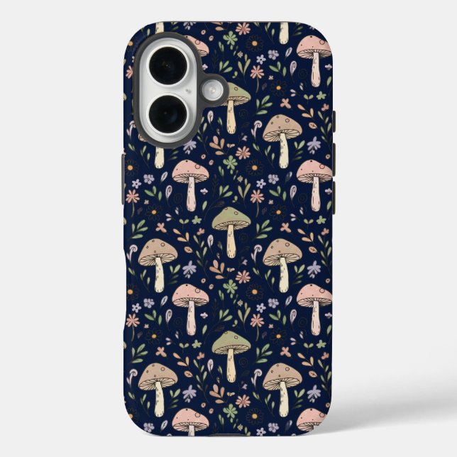 Deep Navy Fungi Seamless Pattern Dark Academia iPhone 16 Hülle (Rückseite)