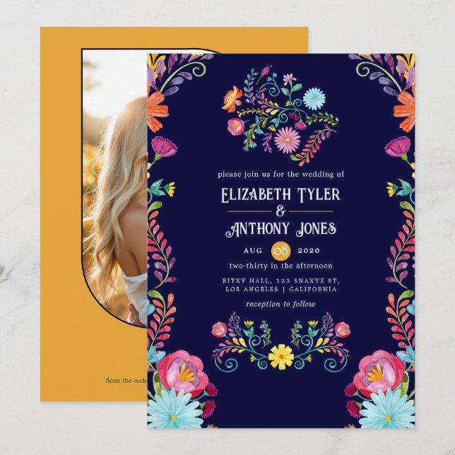 Deep Navy & Marigold Floral Mexican Fiesta Wedding Einladung (Vorne/Hinten)
