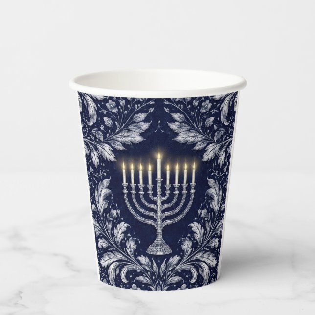 Deep Navy Menorah William Morris Pattern Pappbecher (Rückseite)