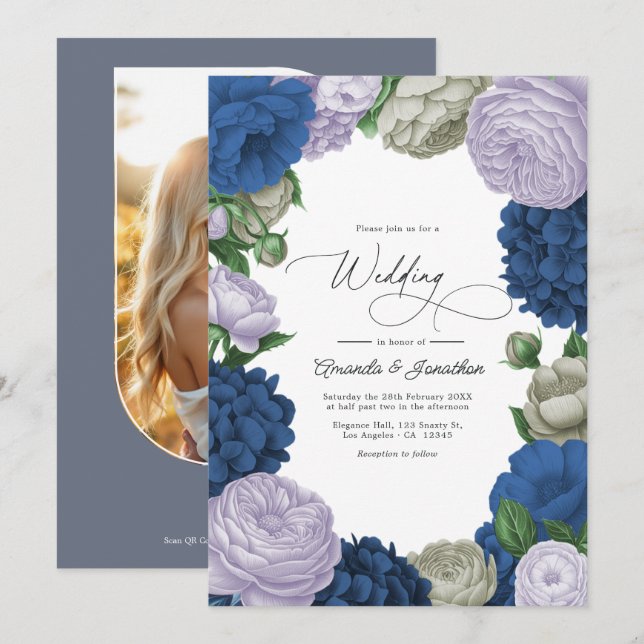 Deep Navy, Soft Lilac & Cloud Gray Floral Wedding Einladung (Vorne/Hinten)