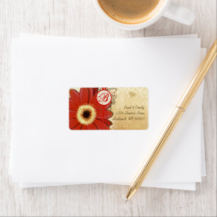 Deep Orange Red Musical Gerber Daisy Monogram Adressaufkleber