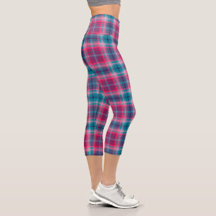 Deep Pink Blue Tartan Kariert Gingham Pattern Capri Leggings