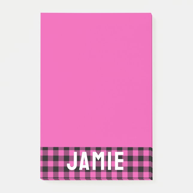 Deep Pink Buffalo Karo Weißer Name Post-it Klebezettel (Vorderseite)