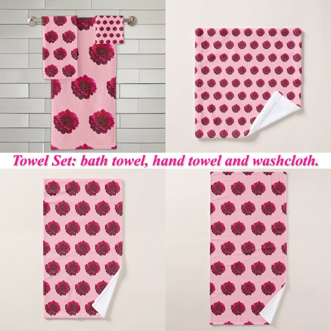 Deep Pink Dahlia Blume Nahtloses Muster auf Badhandtuch Set (Deep pink Dahlia flower seamless pattern on bath towel set: wash cloth, hand towel and bath towel)