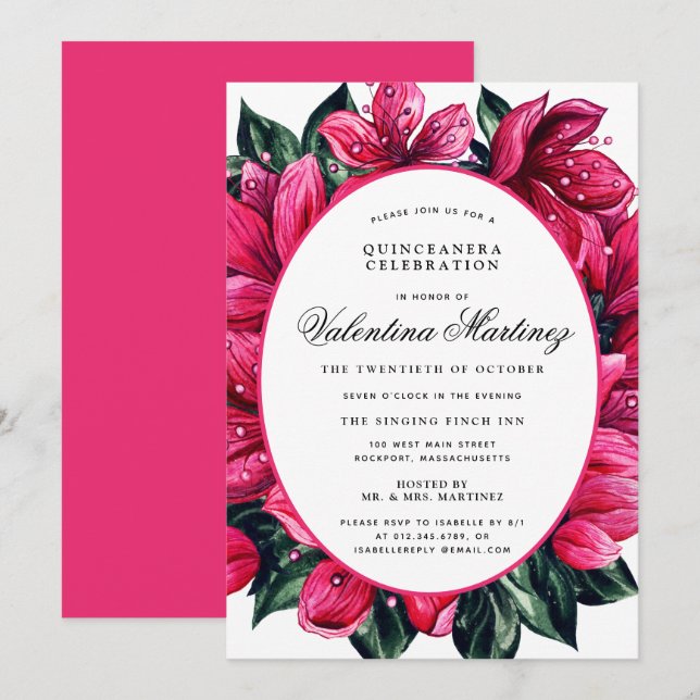 Deep Pink Floral Quinceanera Einladung (Vorne/Hinten)