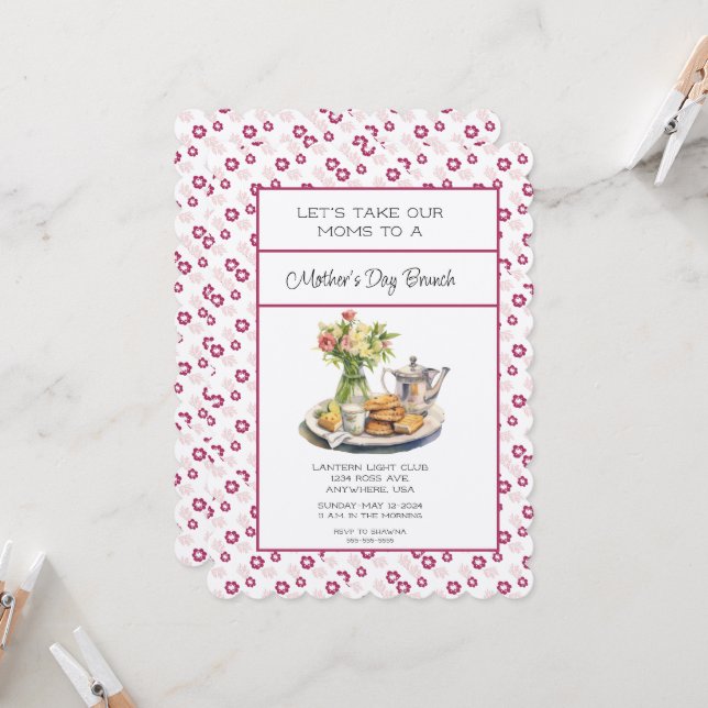 Deep Pink Frühlingsbrunch der Mutter Tag Brunch Einladung (Vorderseite/Rückseite Beispiel)
