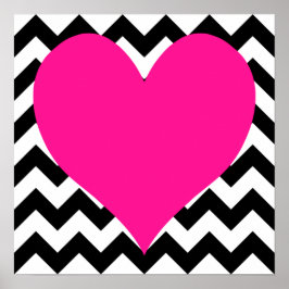 Deep Pink Heart on Black and White Zigzag Poster