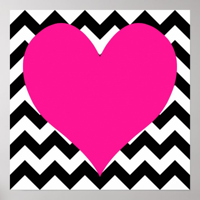 Deep Pink Heart on Black and White Zigzag Poster (Vorne)