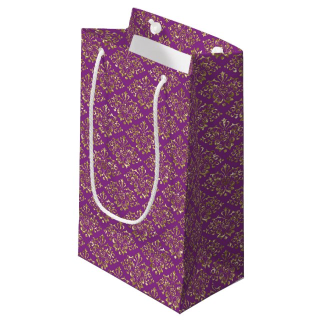 Deep Pink und Gold Damask Geschenktasche Kleine Geschenktüte (Vorderseite Schrägansicht)