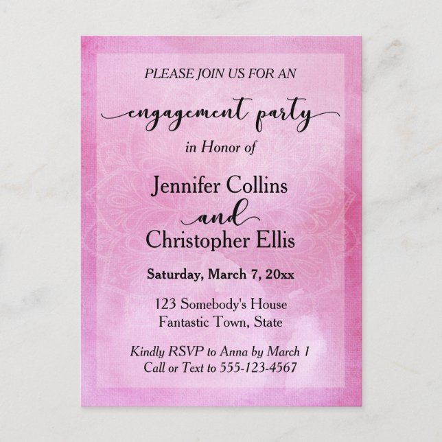 Deep Pink Watercolor Mandala Engagement Party Einladungspostkarte (Vorderseite)