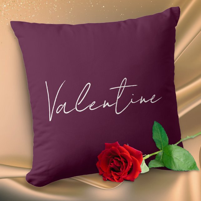 Deep Plum Elegant Custom Message Valentine's Day Kissen (An elegant pillow in deep plum red, with 'Valentine' on the front and personalized text on the back)