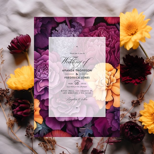 Deep Plum mit Marigold Floral Wedding Einladung (Von Creator hochgeladen)