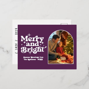 Deep Plum und Silver Merry & Bright Retro Xmas Folien Feiertagspostkarte