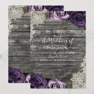 Deep Purple Rosen Grau Rustikale Holzspitze Hochze Einladung