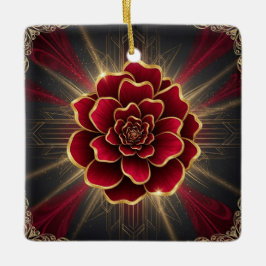 Deep Red Art Deco Flower Ornament with Gold Accent