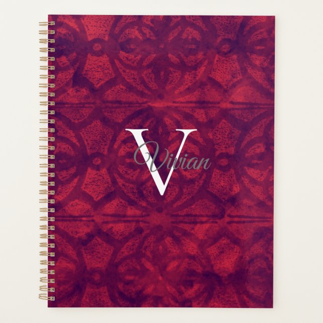 Deep Red Batik Elegant Monogram Name Planner Planer (Vorderseite)