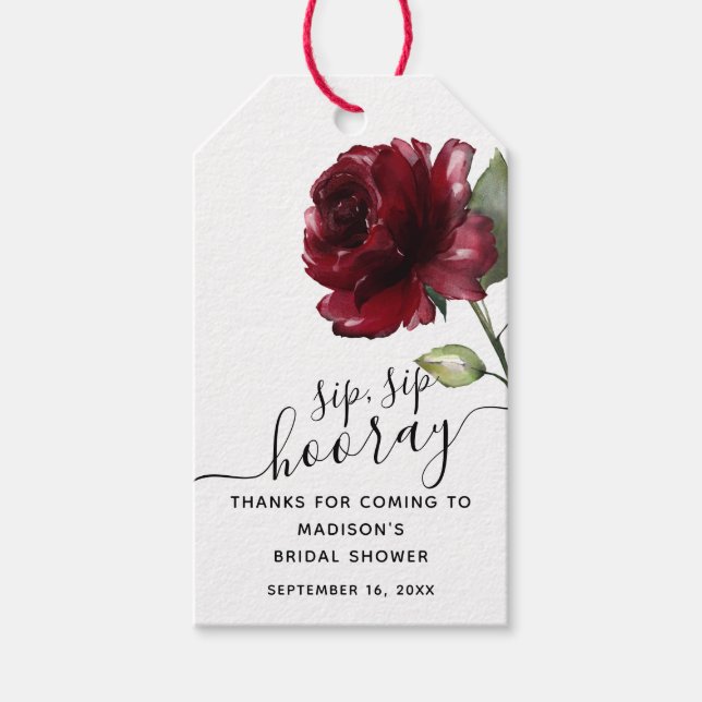 Deep Red Blume Sip Hooray Gefallen Brautparty Geschenkanhänger (Vorderseite)