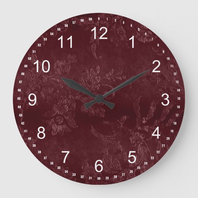 Deep Red Burgundy Floral Christmas Große Wanduhr (Vorderseite)