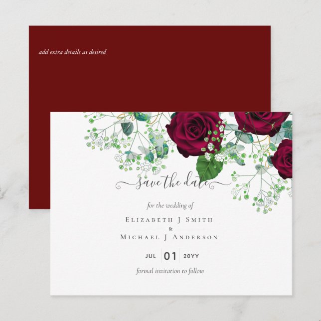 Deep Red Burgundy Rose Hochzeit Rett Datum Postkar Postkarte (Vorne/Hinten)
