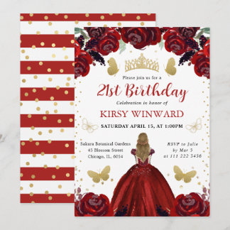 Deep Red Dress Blonde Hair Princess Birthday Einladung