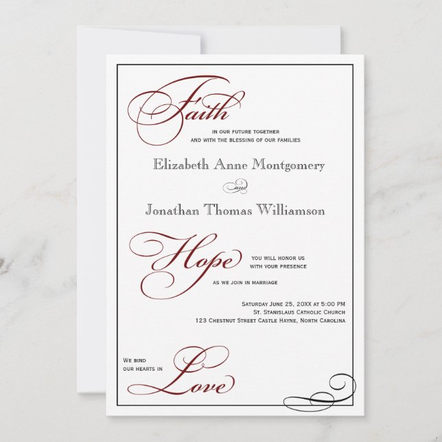 Deep Red Faith Hope Liebe Script Einladung Hochzei (Vorderseite)
