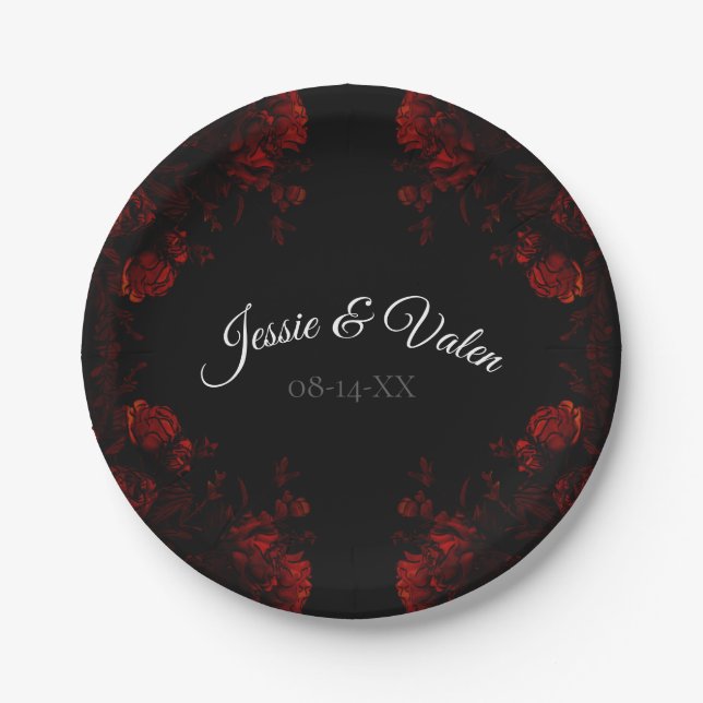 Deep Red Floral Elegante Gotische Hochzeit Pappteller (Vorderseite)