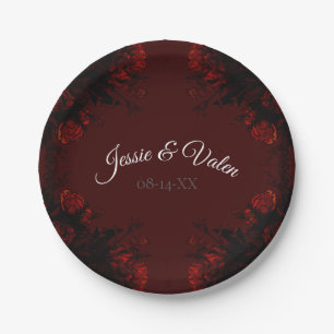 Deep Red Floral Elegante Gotische Hochzeit Pappteller