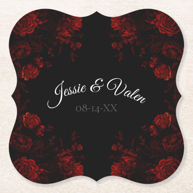 Deep Red Floral Elegante Gotische Hochzeit Untersetzer (Vorderseite)