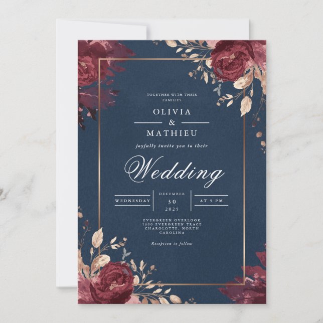 Deep Red Floral Navy Border Wedding Einladung (Vorderseite)