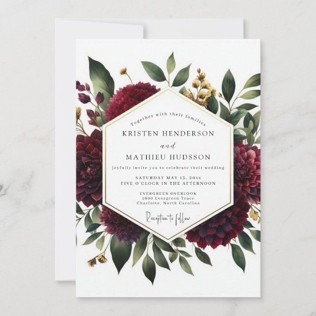 Deep Red Floral Whimsy Wedding Einladung (Vorderseite)