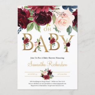 Deep Red Florals und Gold Foil Letting Oh Baby Einladung
