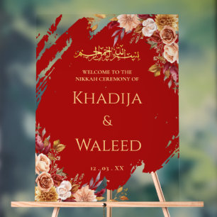 Deep Red & Gold Floral Muslim Nikkah Begrüßungszei Acrylschild