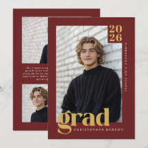 Deep Red Gold Modern Minimalist Photo Graduation
