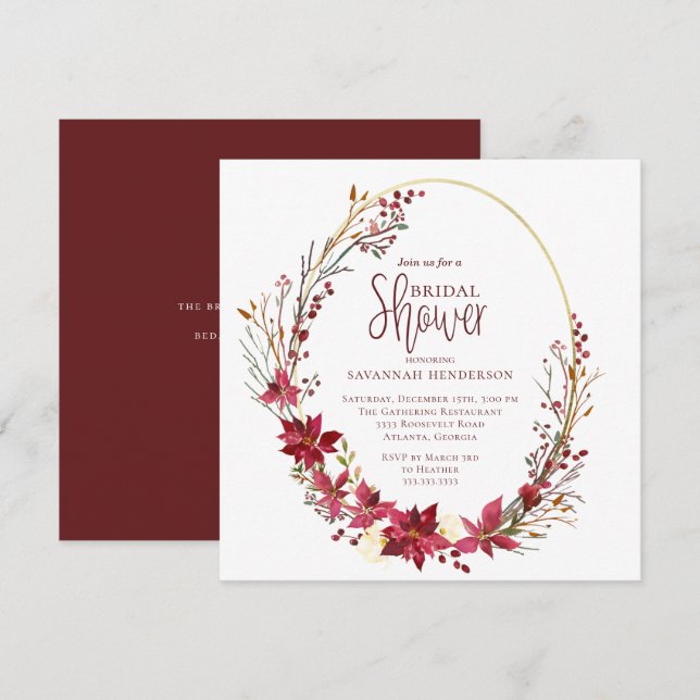 Deep Red Gold Winter Calligraphy Brautparty Einladung (Vorne/Hinten)