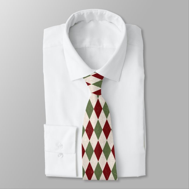 Deep Red & Green Christmas Rauten Necktie Krawatte (Gebunden)