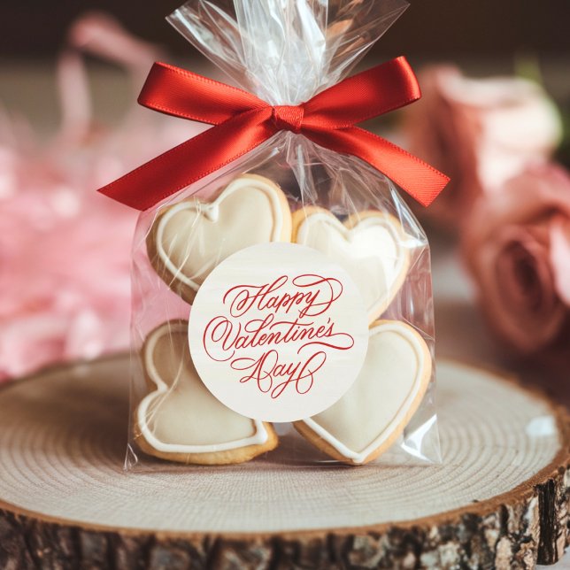 Deep Red Happy Valentines Day Calligraphy Runder Aufkleber (Von Creator hochgeladen)