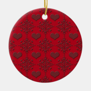 Deep Red Hearts Damask Muster Keramik Ornament