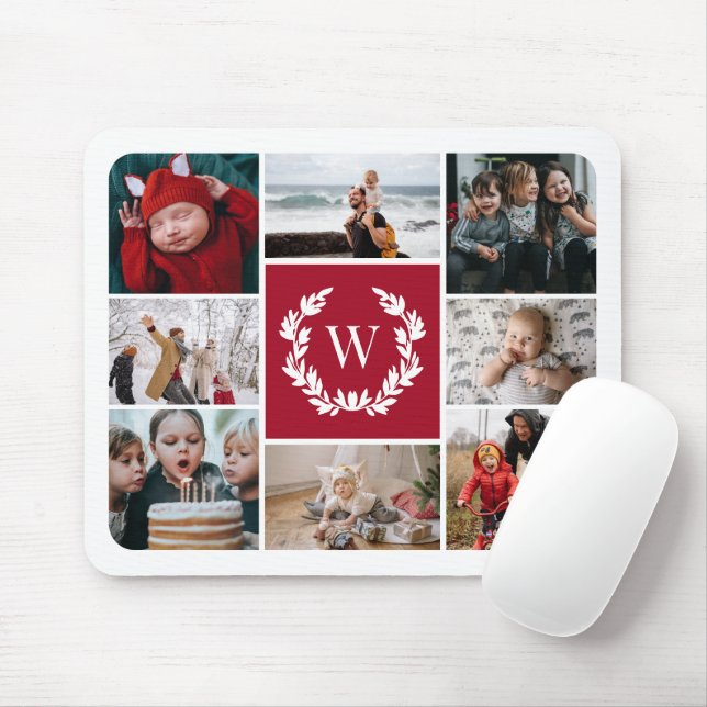 Deep Red Laurel Wreath Monogram Foto Collage Mousepad (Mit Mouse)