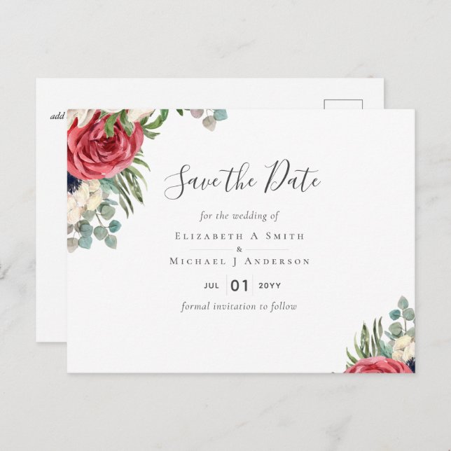 Deep Red Navy Floral Eukalyptus Greenerity Wedding Postkarte (Vorne/Hinten)