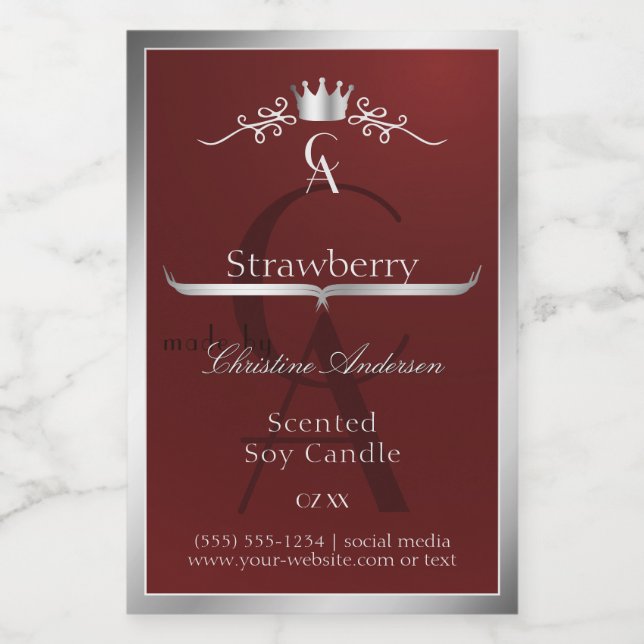 Deep Red Product Label with Silver Frame Monogram Lebensmitteletikett (Einzelnes Label)