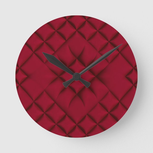 Deep Red Quilted Leather Pattern Runde Wanduhr (Vorderseite)