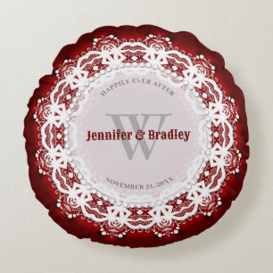 Deep Red & White Lace Wedding Keepake Geschenk Rundes Kissen