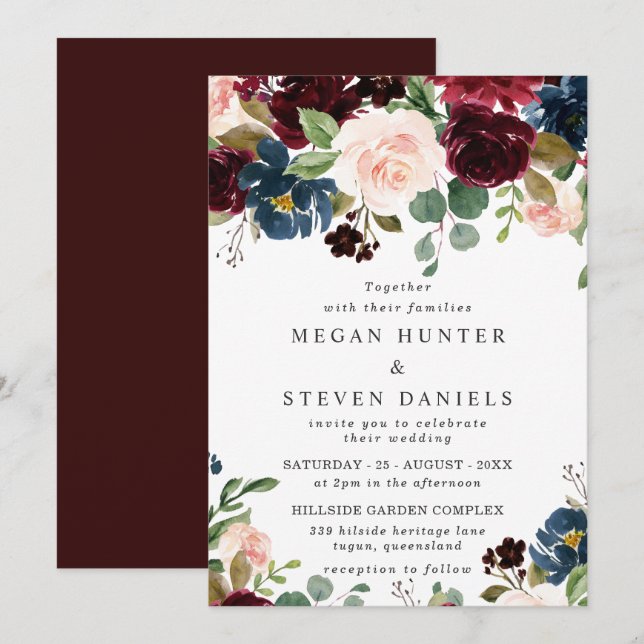 Deep Red Wine Burgundy Blush Navy Hochzeit Einladung (Vorne/Hinten)