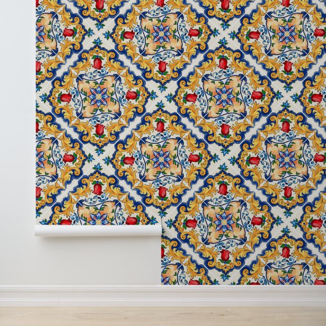 Deep Saffron Red Floral Sicilian Majolica Tile Tapete (Anwendung)