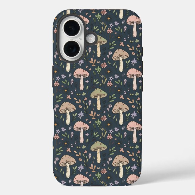 Deep Slate Blue Fungi Seamless Pattern Academic iPhone 16 Hülle (Rückseite)