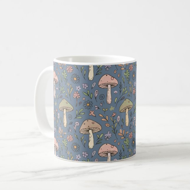 Deep Slate Gray Moody Fungi Seamless Pattern Kaffeetasse (Vorderseite Links)